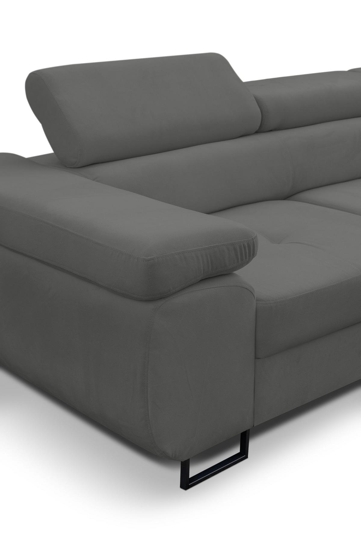 ECKSOFA Jerry in L-Form mit Schlaffunktion und Bettkasten, Farbe: Grau, Veloursstoff, Ottomane Rechts - Grau, Textil (275/202cm) - VENASI MÖBEL
