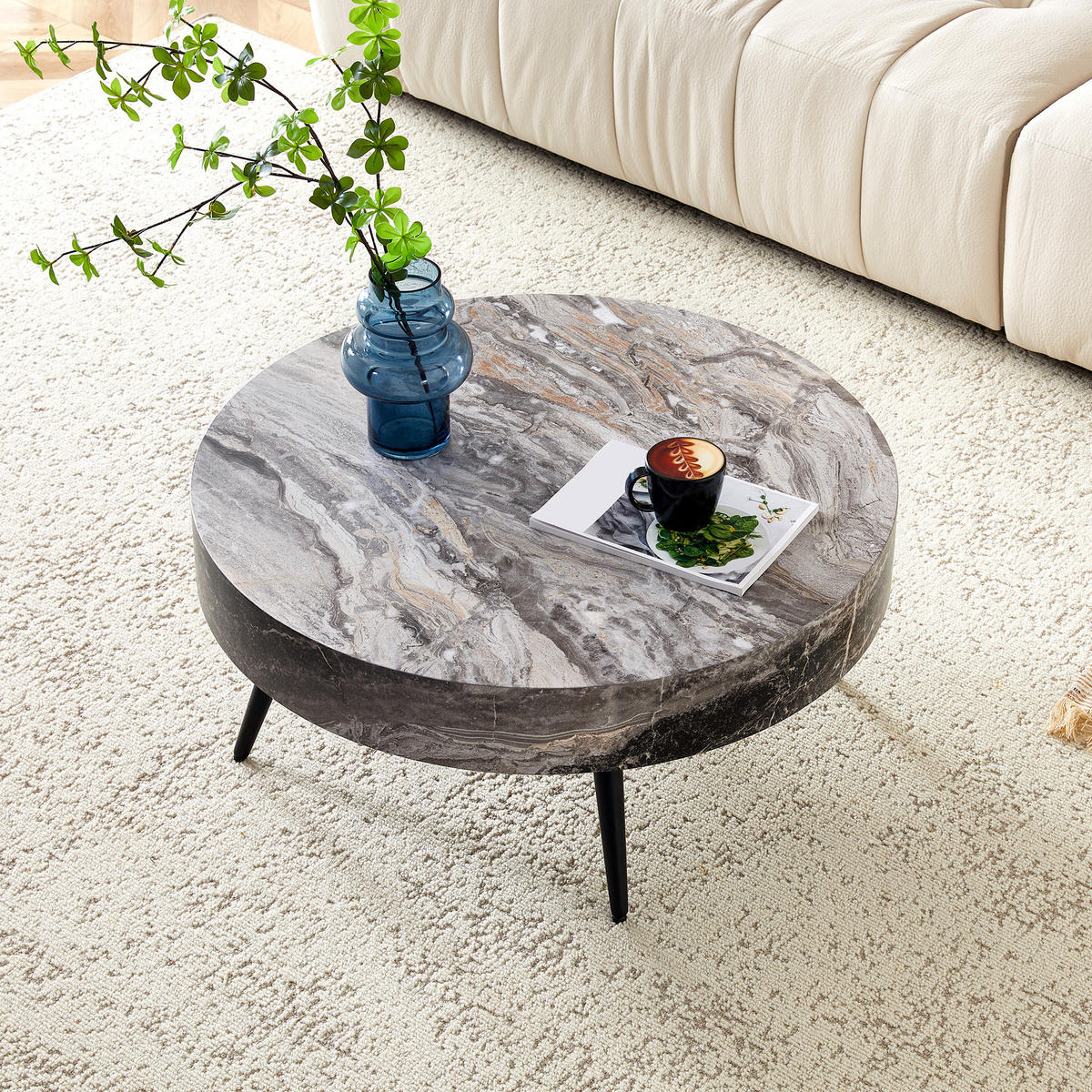 COUCHTISCH rund Ø 70 cm MDF Marmoroptik Grau Schwarz - Grau, Metall (70/70/35.5cm) - Meubliv