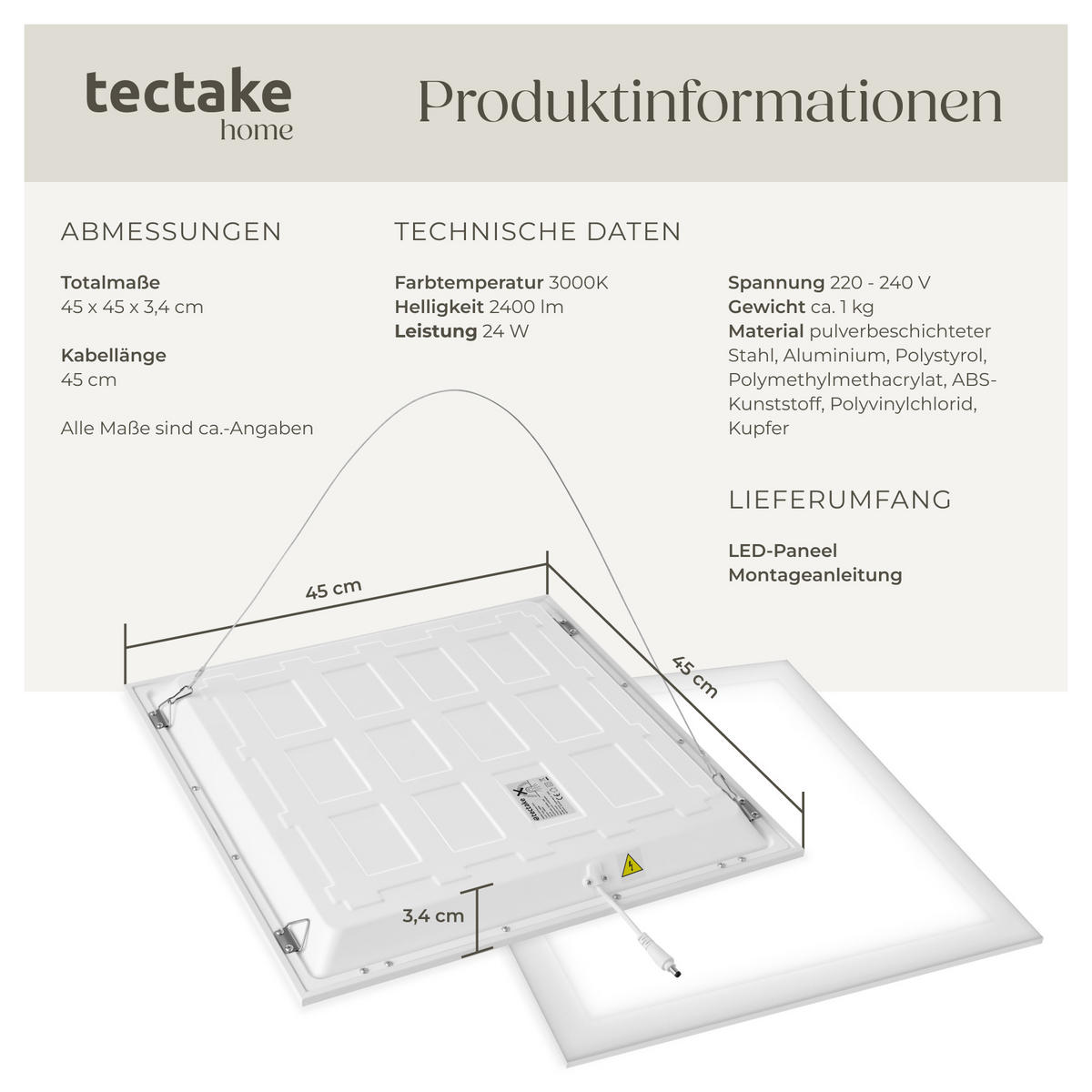 LED-PANEEL Lucerna,vielseitige Einsatzmöglichkeiten,weiß - Weiß, Textil (45/45/3.4cm) - tectake