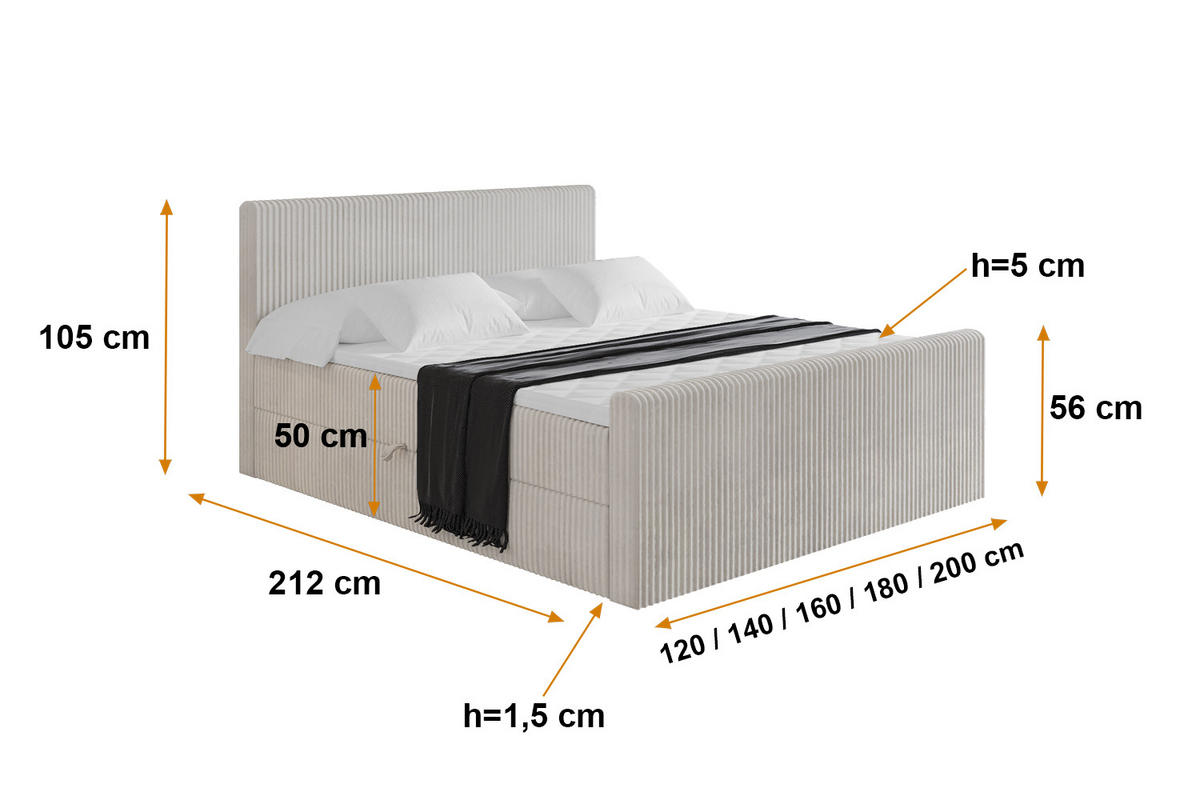 BOXBETT mit Matratze H3 und Lattenrost - TOLO-Z - 200x200 Cord - Creme - Creme, Holzwerkstoff (200/200cm) - ALTDECOR