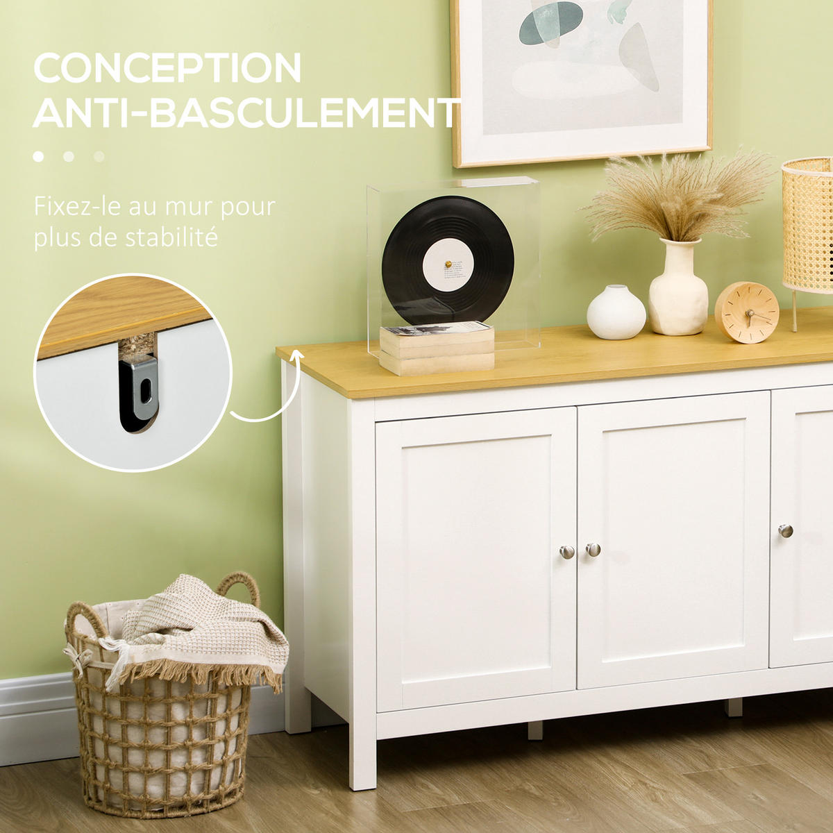 SIDEBOARD Weiß und Eiche-Nachbildung, 3 Türen, 120/40/70 cm - Weiß, Holz (120/70/40cm) - PANGIVO