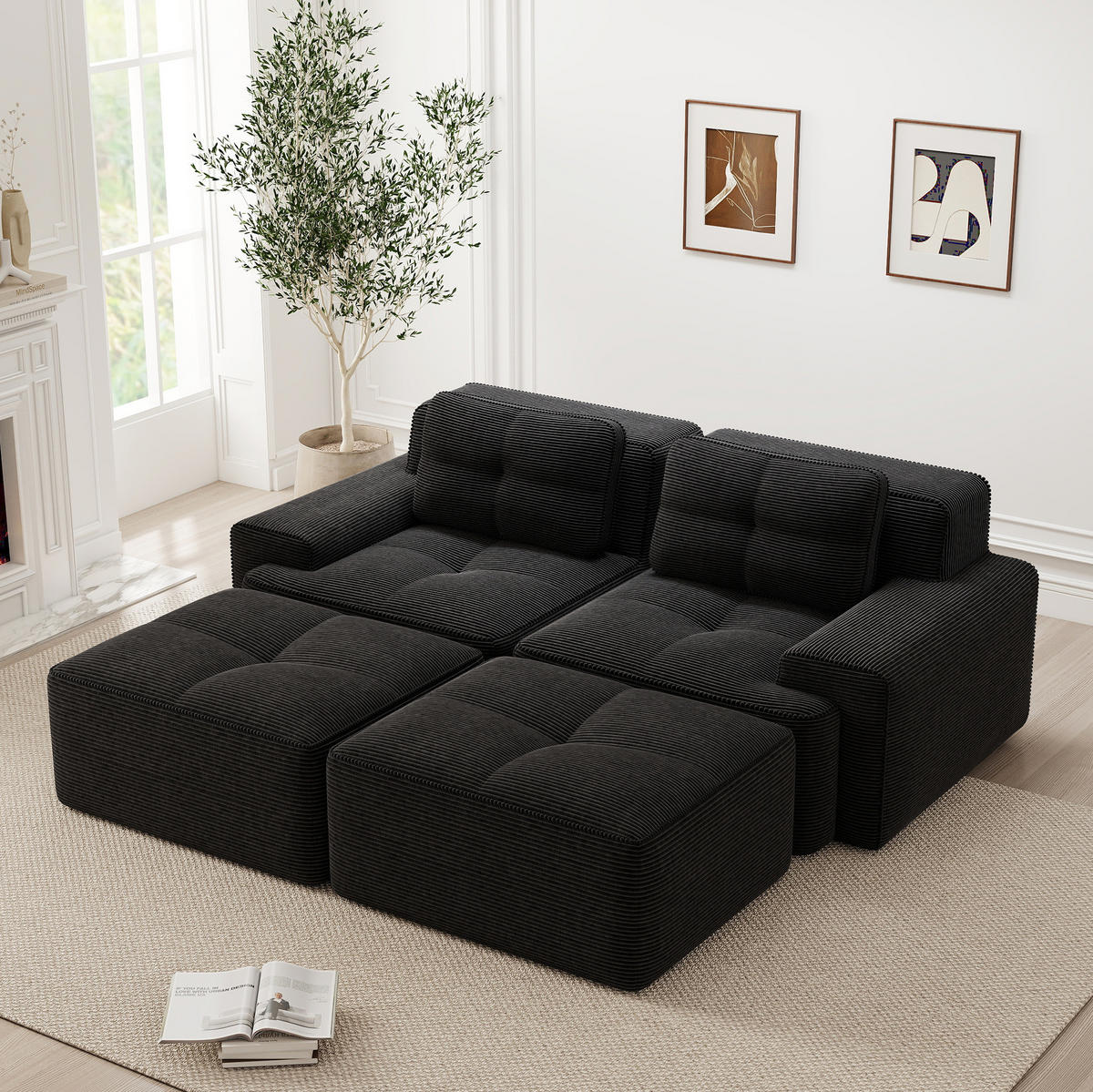2-SITZER Sofa mit 74 cm Tiefsitz, bodennahes Design, Cordbezug und montagefrei, Schwarz - Schwarz, Textil (204/69/177cm) - Redom