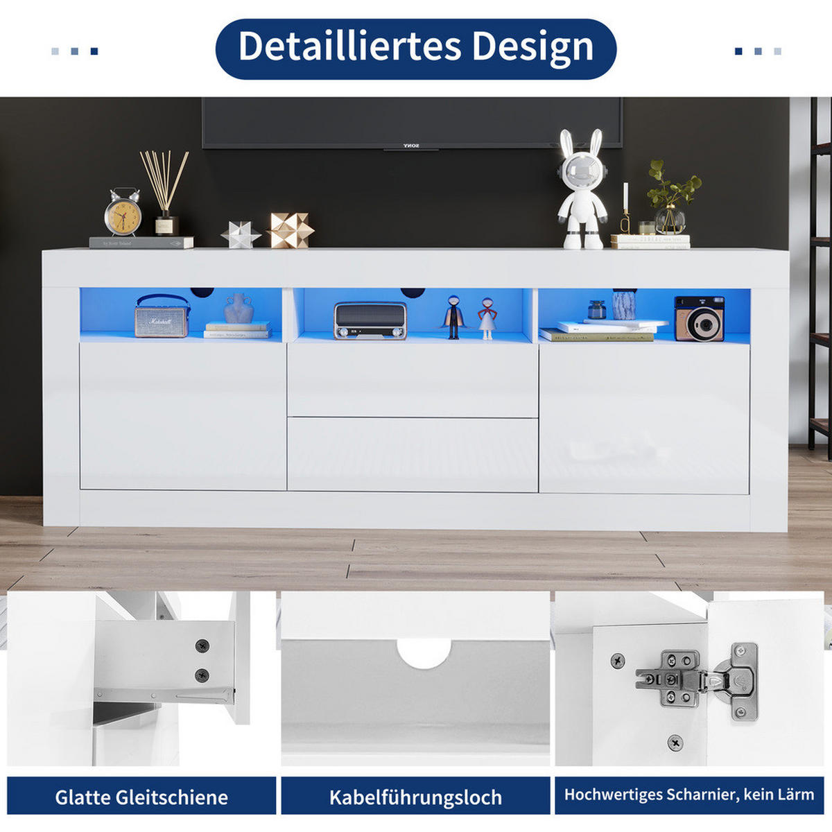 TV-SCHRANK 160x35cm Hochglanz LED-Beleuchtung 3 Fächer 2 Türen 2 Schubladen - Weiß, Holz (44/22.5/70cm) - FLIEKS