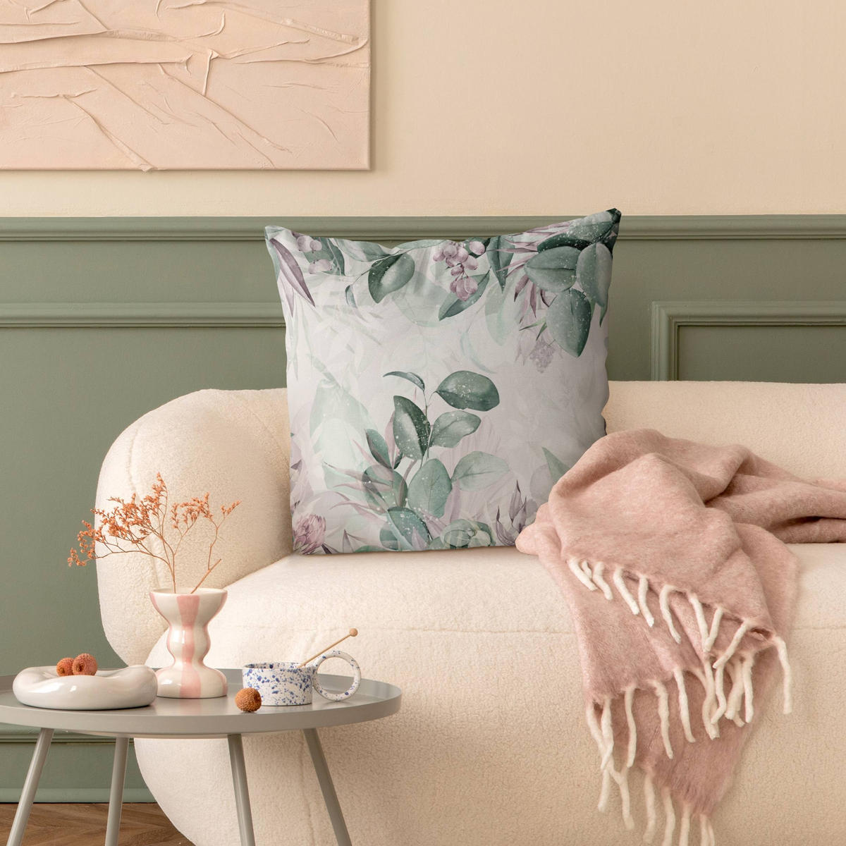 DEKOKISSEN Botanik in Pastell Grün & Rosa 50/50 cm - Grün, Textil (50/50/10cm) - Bilderwelten