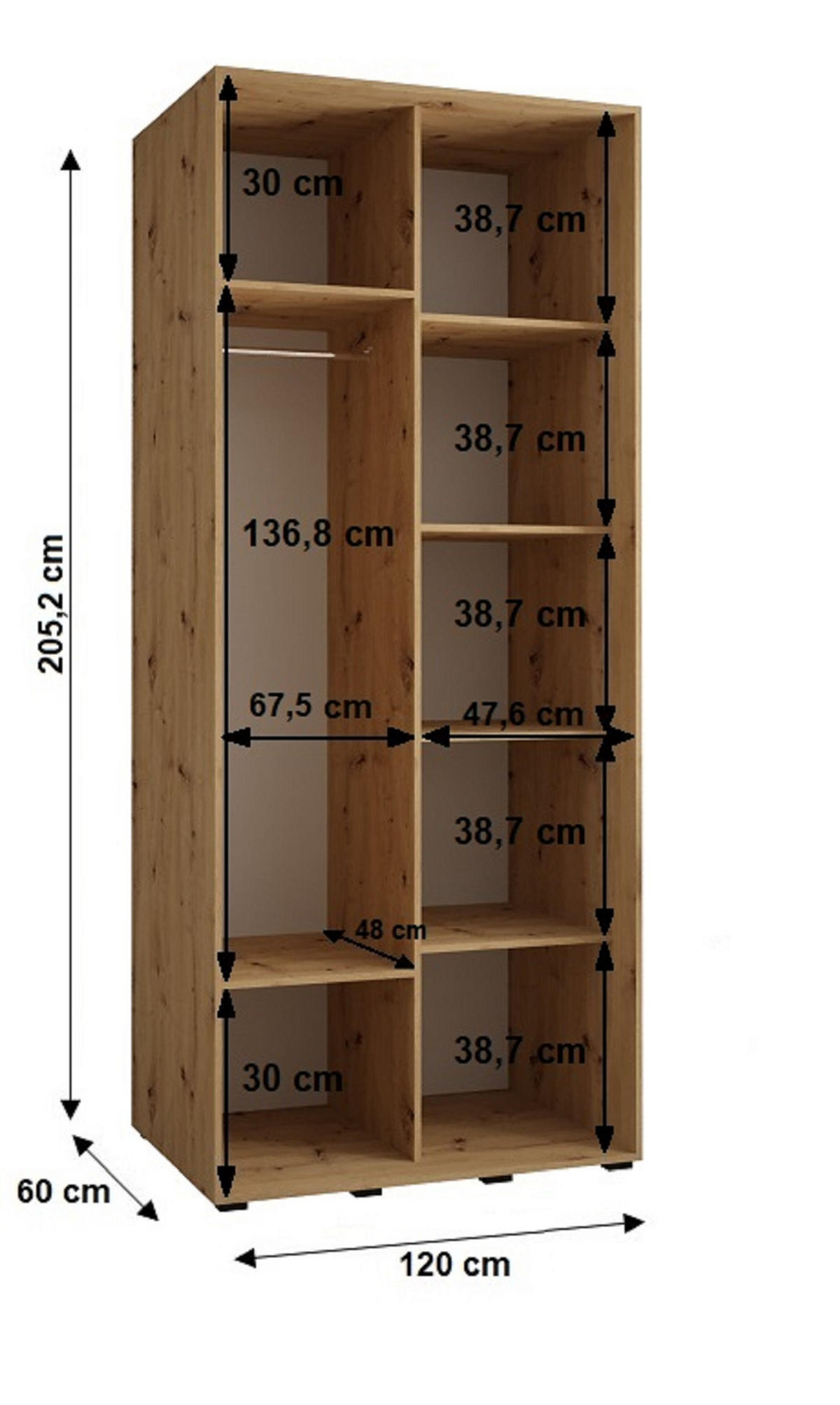 SCHWEBETÜRENSCHRANK 205,2/120/60 2-türig - Schwarz/Eiche Artisan, Holz/Metall (120/205.2/60cm) - Abiks Möbel