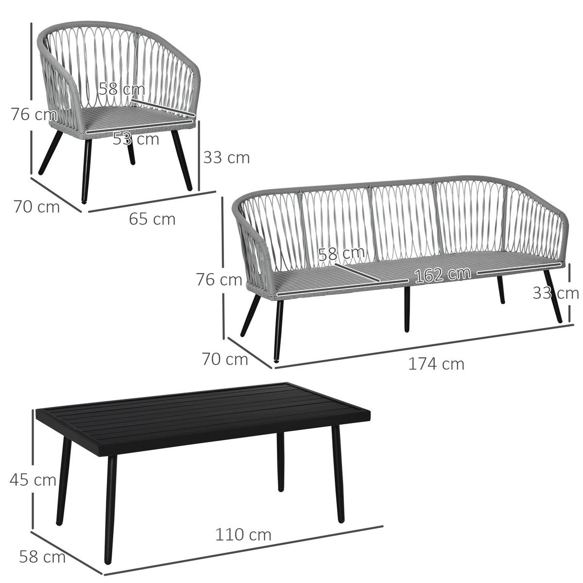 POLYRATTAN Gartenmöbel Set mit Sofa Kissen Aluminium Grau - Grau, Kunststoff - Outsunny