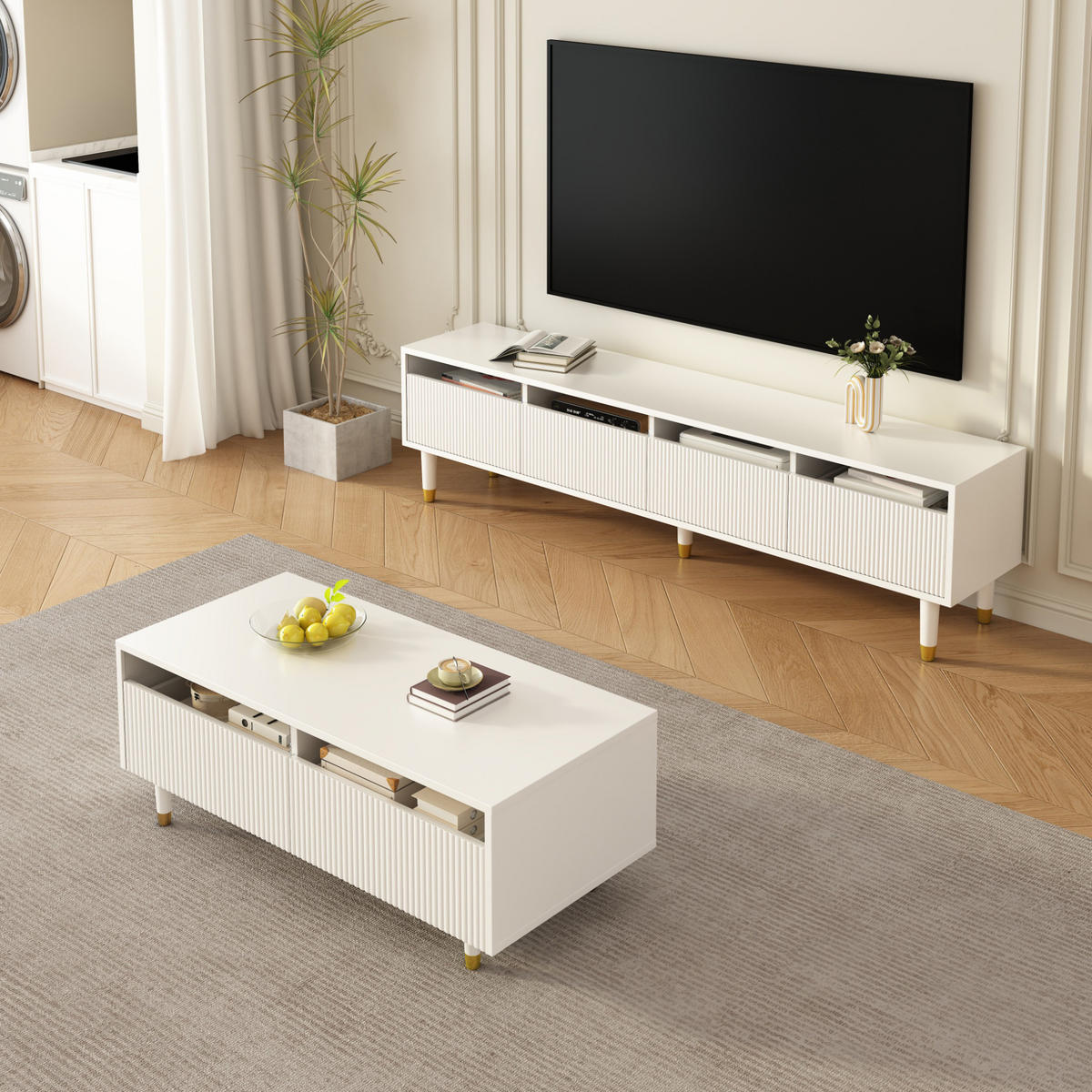 COUCHTISCH mit LED und 2 Schubladen 110 x 50 x 40 cm MDF Weiß - Weiß, Holz (100/50/40cm) - Meubliv