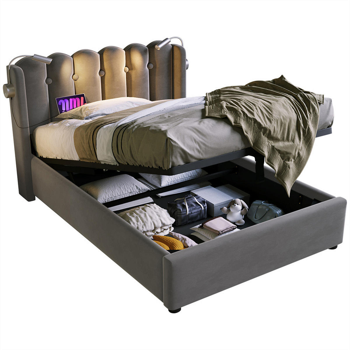 POLSTERBETT 90/200 cm in Grau Samt mit Matratze - Grau, Holz/Textil (90/200cm) - KOMHTOM