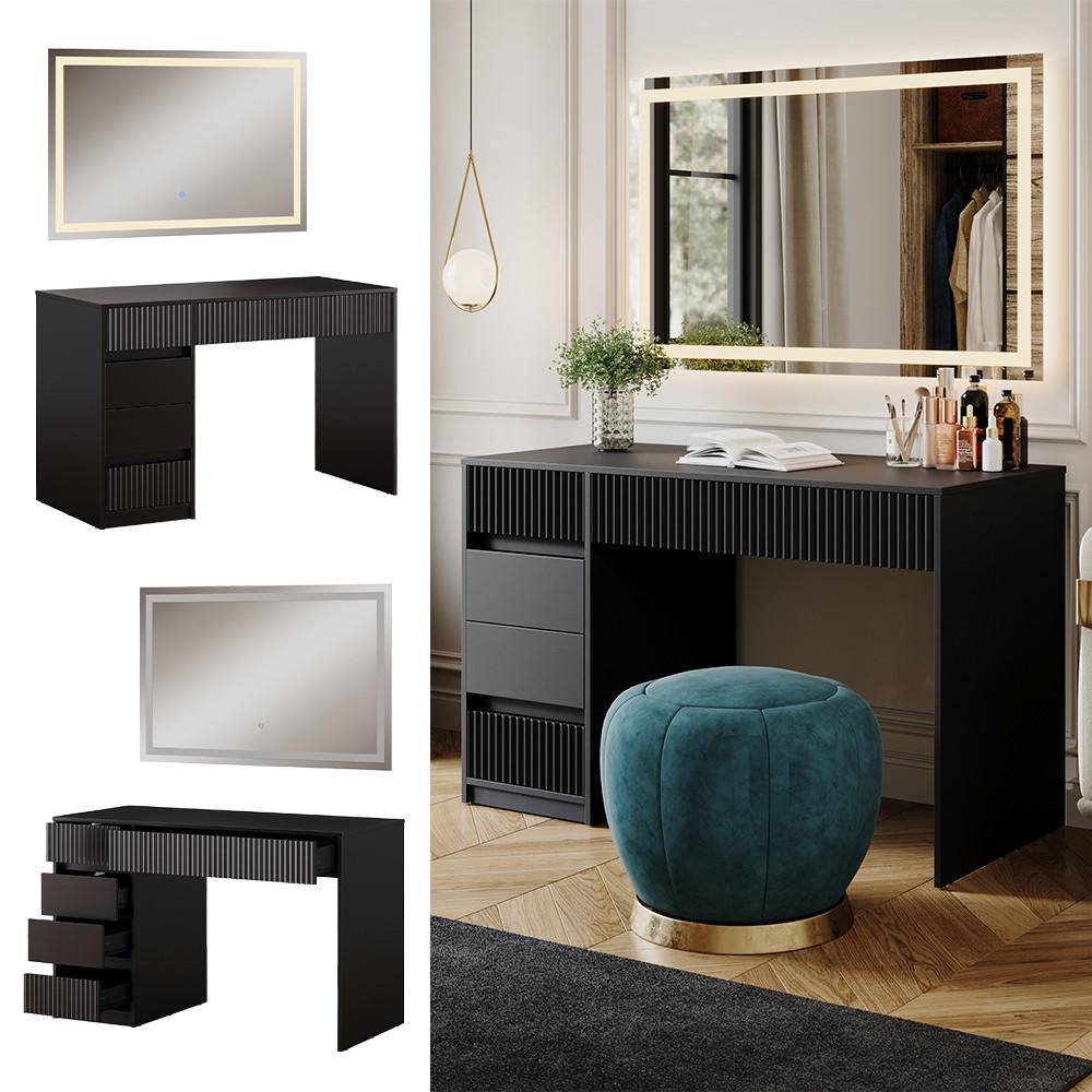 SCHMINKTISCH Omira Schwarz 120 cm mit LED-Spiegel - Schwarz, Holzwerkstoff (120/76/55cm) - Vicco