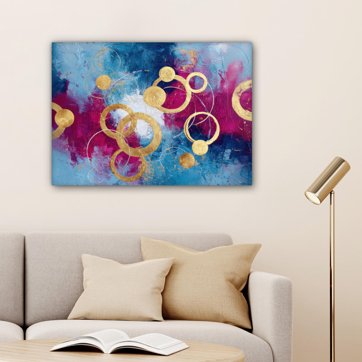 LEINWANDBILD Kreise - Gold - Abstrakt Wandbilder 80x60 cm - Blau, Textil (80/60cm) - MuchoWow