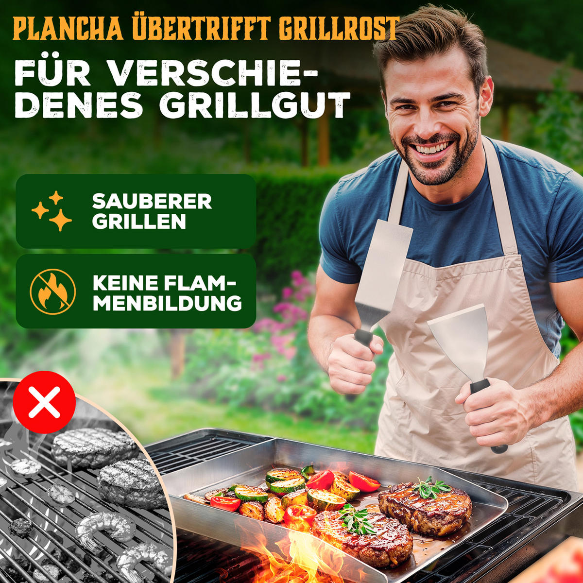 SET PLANCHA GRILLPLATTE Edelstahl inkl. 2 Grillspachteln & Ölflasche - 30x40 cm - Edelstahlfarben, Metall (30/40cm) - Blumtal