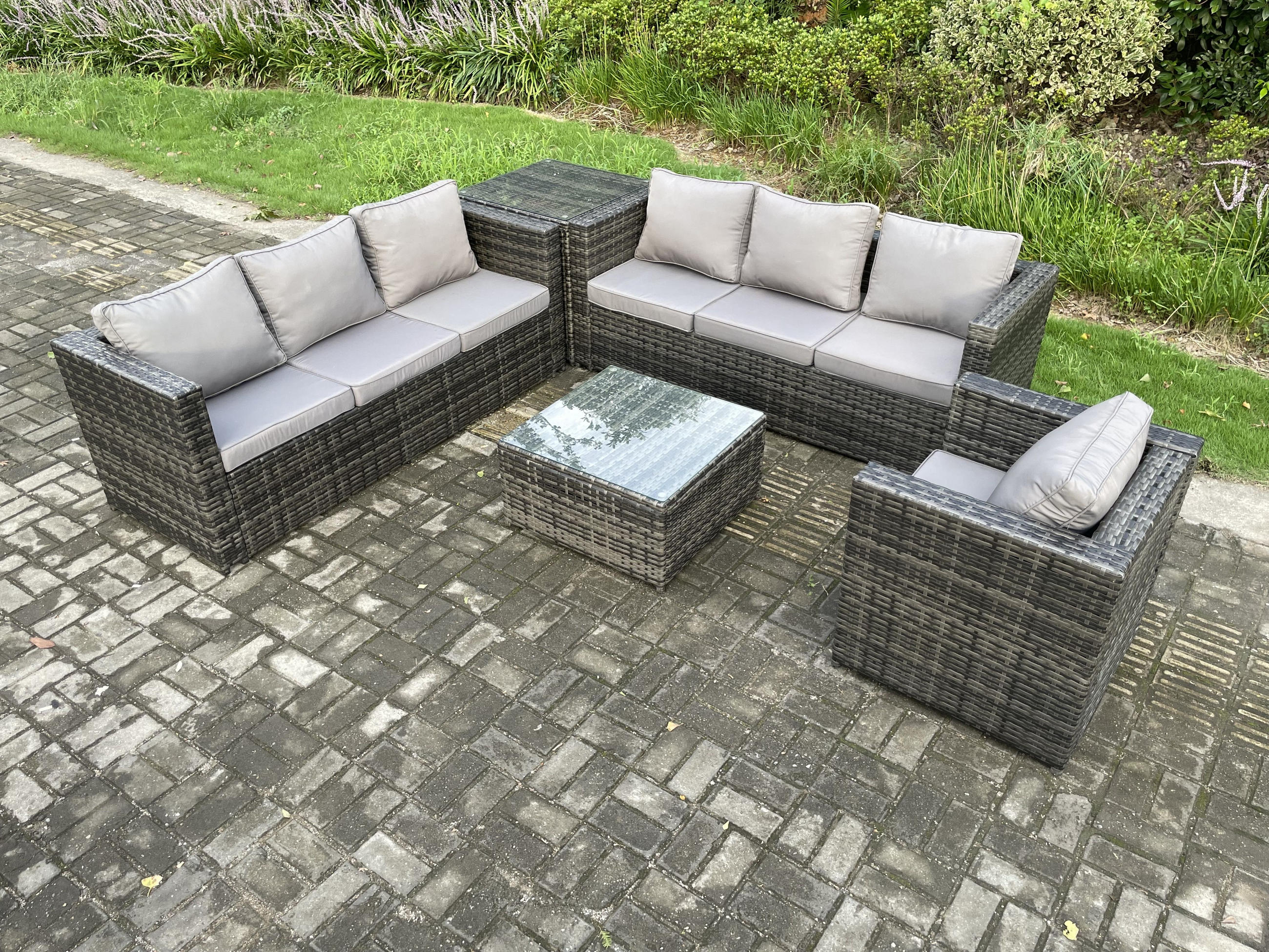 GARTENTISCHGRUPPE Polyrattan 7-Sitzer - Dunkelgrau, Metall - Fimous