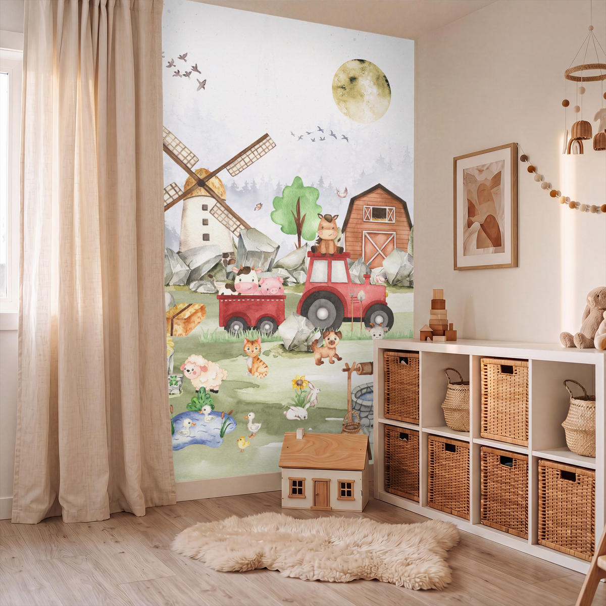 KINDERTAPETE - Bauernhof - Traktor - Kinder - Tiere - 140x200 cm - Weiß, Papier (140/200cm) - OnlyWow