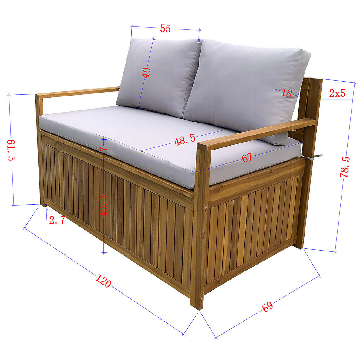 MASSIVE GARTENBANK - Akazie massiv / Polyester - Braun / Grau - Braun/Grau, Holz/Textil (120/79/69cm) - home24