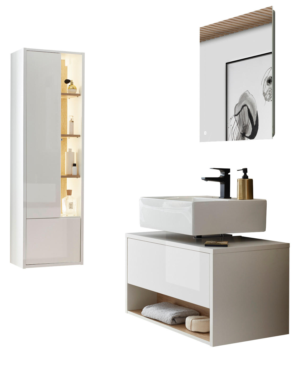 BADMÖBEL-SET 3-teilig weiß Hochglanz, Eiche, Komplettset mit LED Beleuchtung 135 cm - Weiß Hochglanz, Glas/Holzwerkstoff (135/190/46cm) - Furn.Design