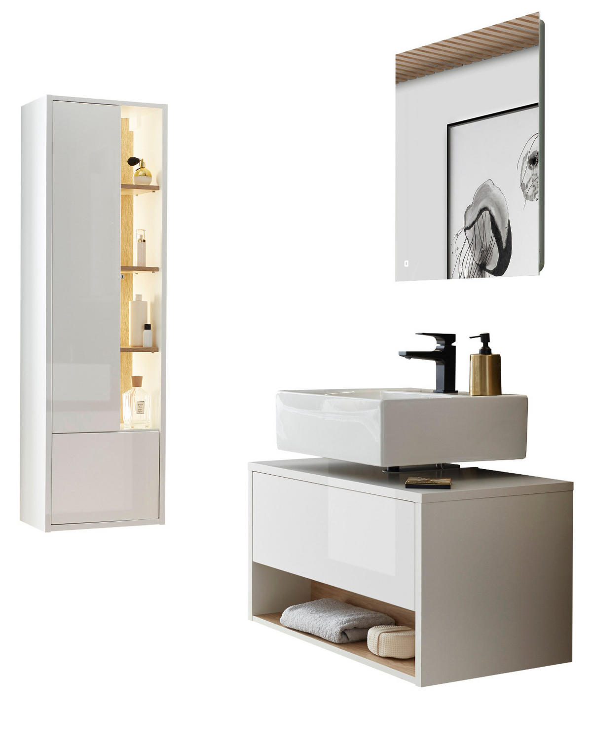 BADMÖBEL-SET 3-teilig weiß Hochglanz, Eiche, Komplettset mit LED Beleuchtung 135 cm - Weiß Hochglanz, Glas/Holzwerkstoff (135/190/46cm) - Furn.Design