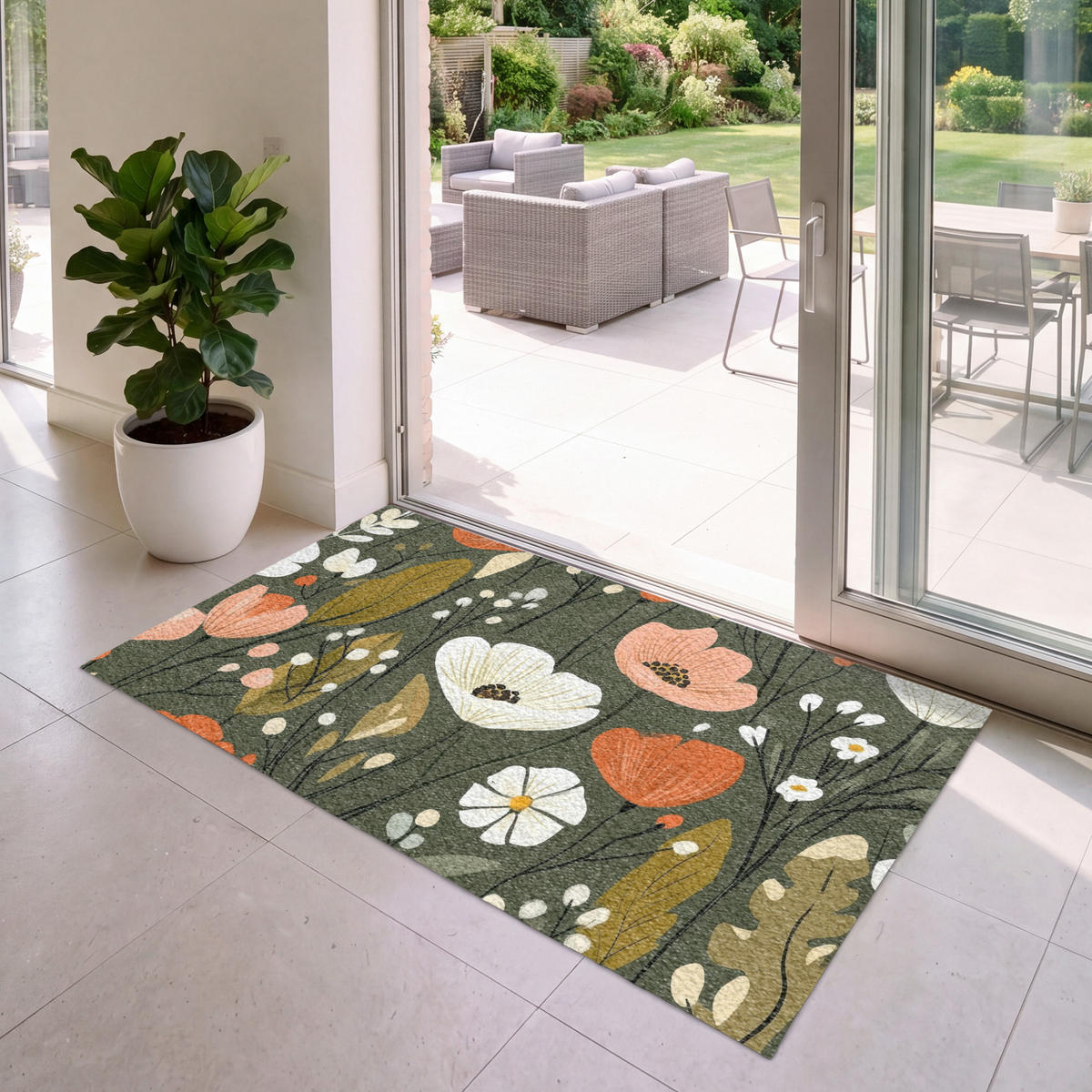FUSSMATTE Blumen - Illustration - Grün Flurteppich 150x90 cm - Dunkelgrün, Kunststoff (150/90cm) - MuchoWow