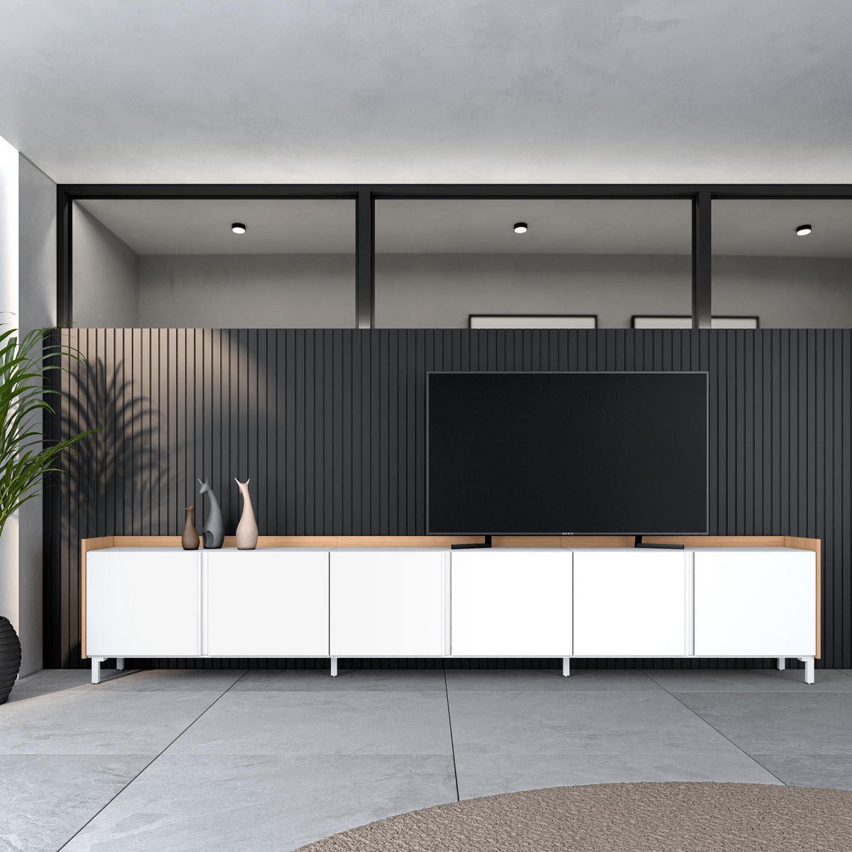 LOWBOARD, Weiß und Eiche, 309/35/61cm, mit Beinen - Weiß, Holzwerkstoff (309/61/35cm) - Skraut Home