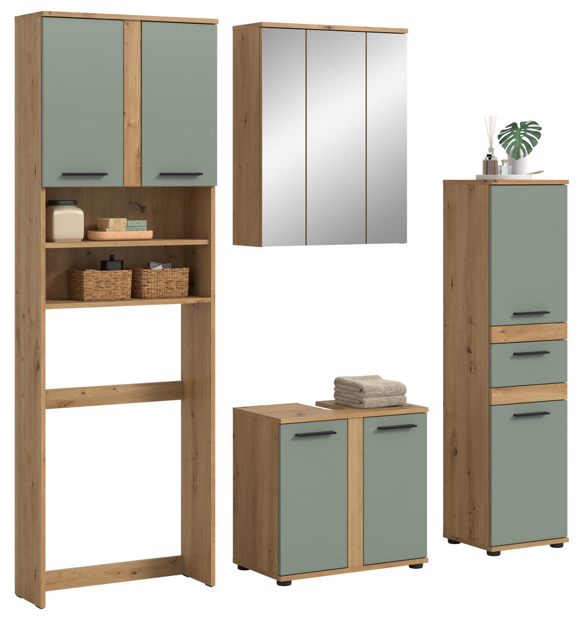 BADMÖBEL-SET 4-teilig Salbei grün, Artisan Eiche 192 cm, Komplett-Set modern - Salbeigrün/Schwarz, Glas/Holzwerkstoff (192/191/34cm) - Inn.Furn