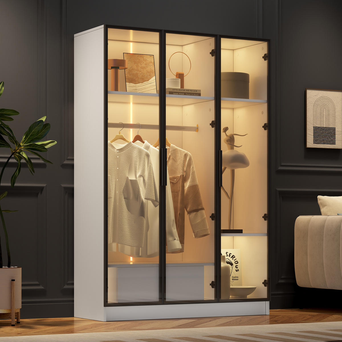HIGHBOARD in Weiß Kleiderschrank mit 3 Glastüren, 1 Schublade und 1 Kleiderstange für Schlafzimmer, B110/T50/H160cm - Transparent/Weiß, Glas/Holzwerkstoff (110/160/50cm) - STILVORA
