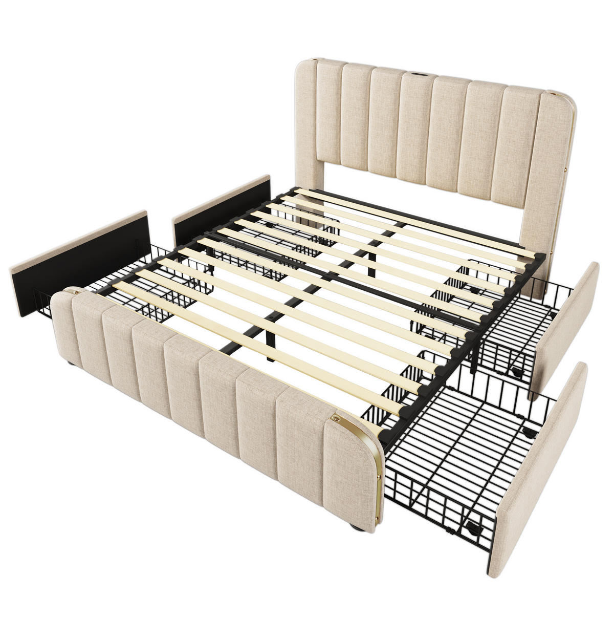POLSTERBETT aus Leinen 160x200 cm in Beige mit USB- & Typ-C-Ladefunktion - Beige, Textil (160/200cm) - Modfu