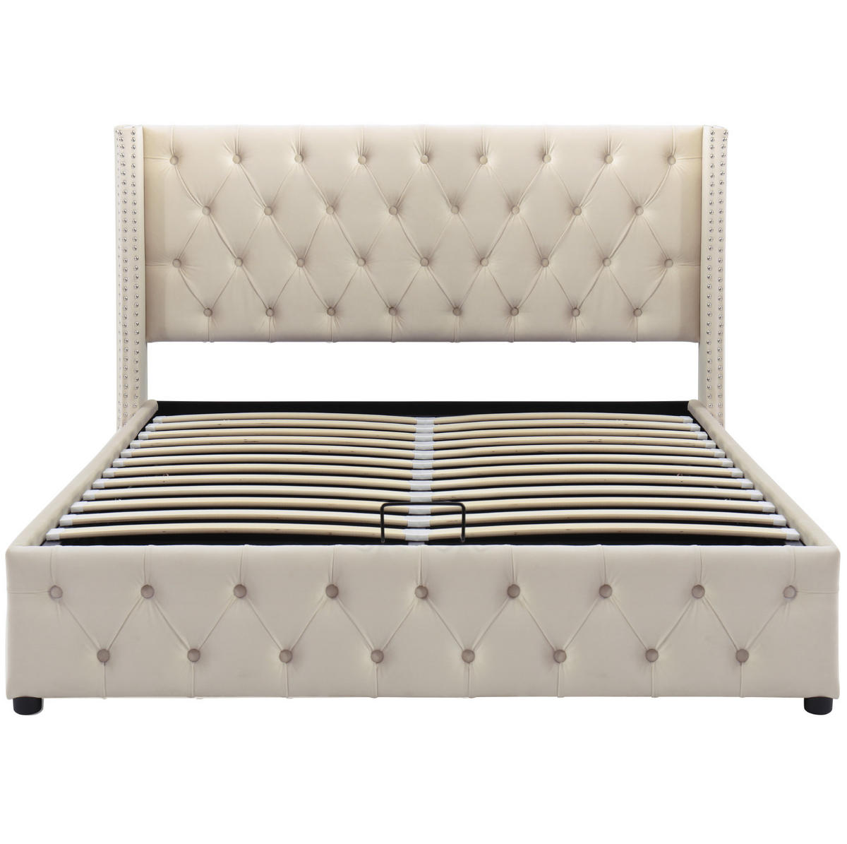 POLSTERBETT 140/190 cm Beige aus Samt mit Stauraum und Chesterfield-Steppung - Beige, Textil (140/190cm) - Flora Grace