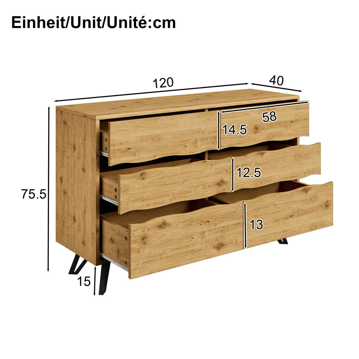 SIDEBOARD mit 6 Schubladen 120/40/75,5 cm in Holzoptik mit Metallfüßen - Naturfarben, Holzwerkstoff (120/75.5/40cm) - BEAOK