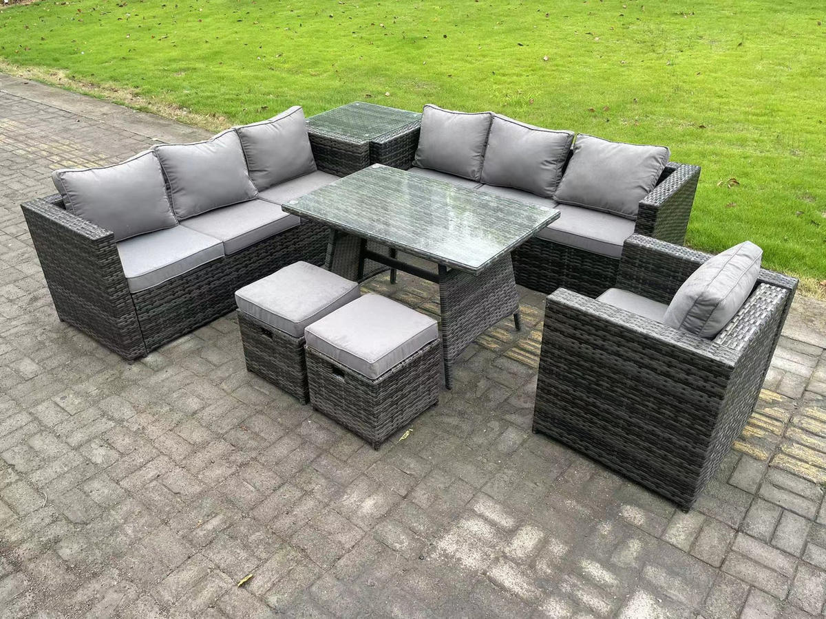 GARTENMÖBELSET mit Esstisch,Stuhl 9-Sitzer Grau - Dunkelgrau/Grau, Glas/Kunststoff - Fimous