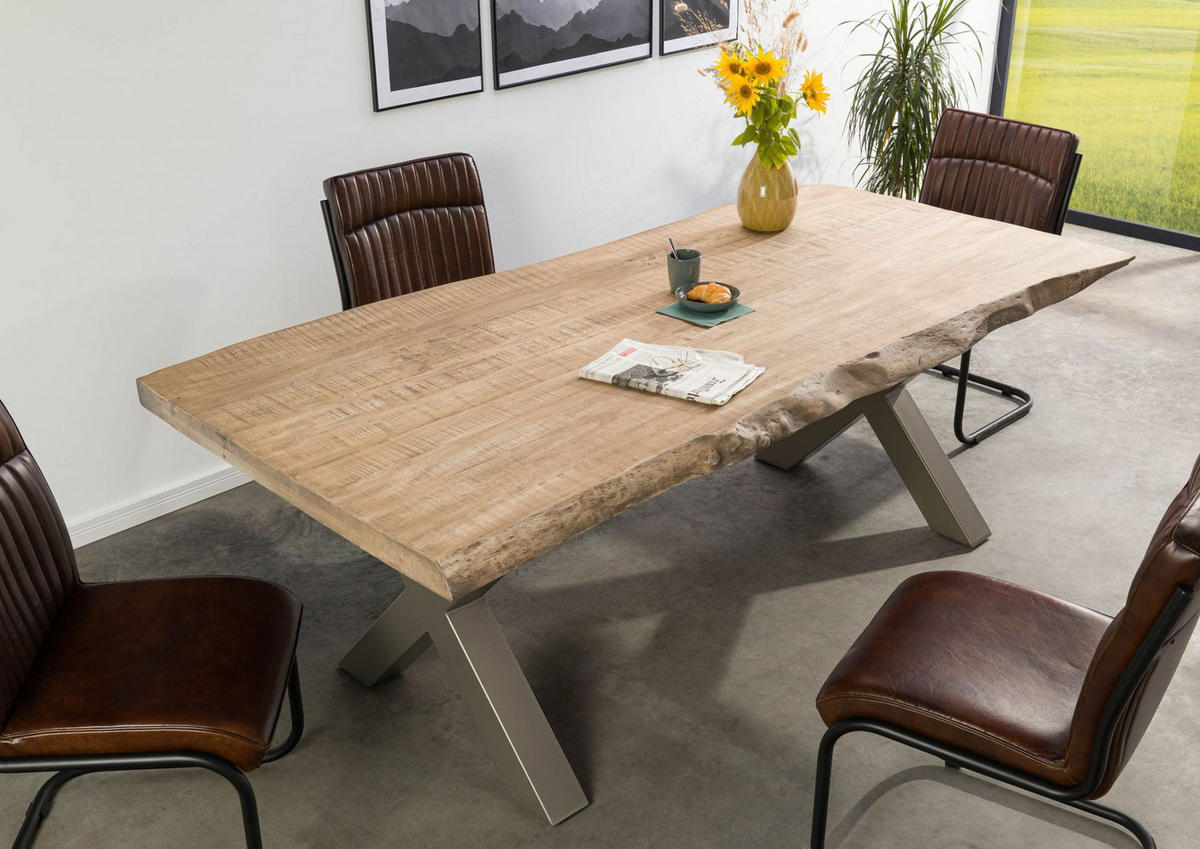 BAUMTISCH Mango 240x100x77 beige lackiert / X-Beine silber matt FREEFORM 5 - Beige/Silberfarben, Holz (240/100/77cm) - Massivmoebel24