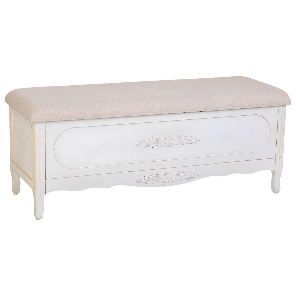 ANTIKER weiß lackierter gepolsterter Holzhocker 120x43x48 cm - Weiß, Holz (120/48/43cm) - Wanderlust
