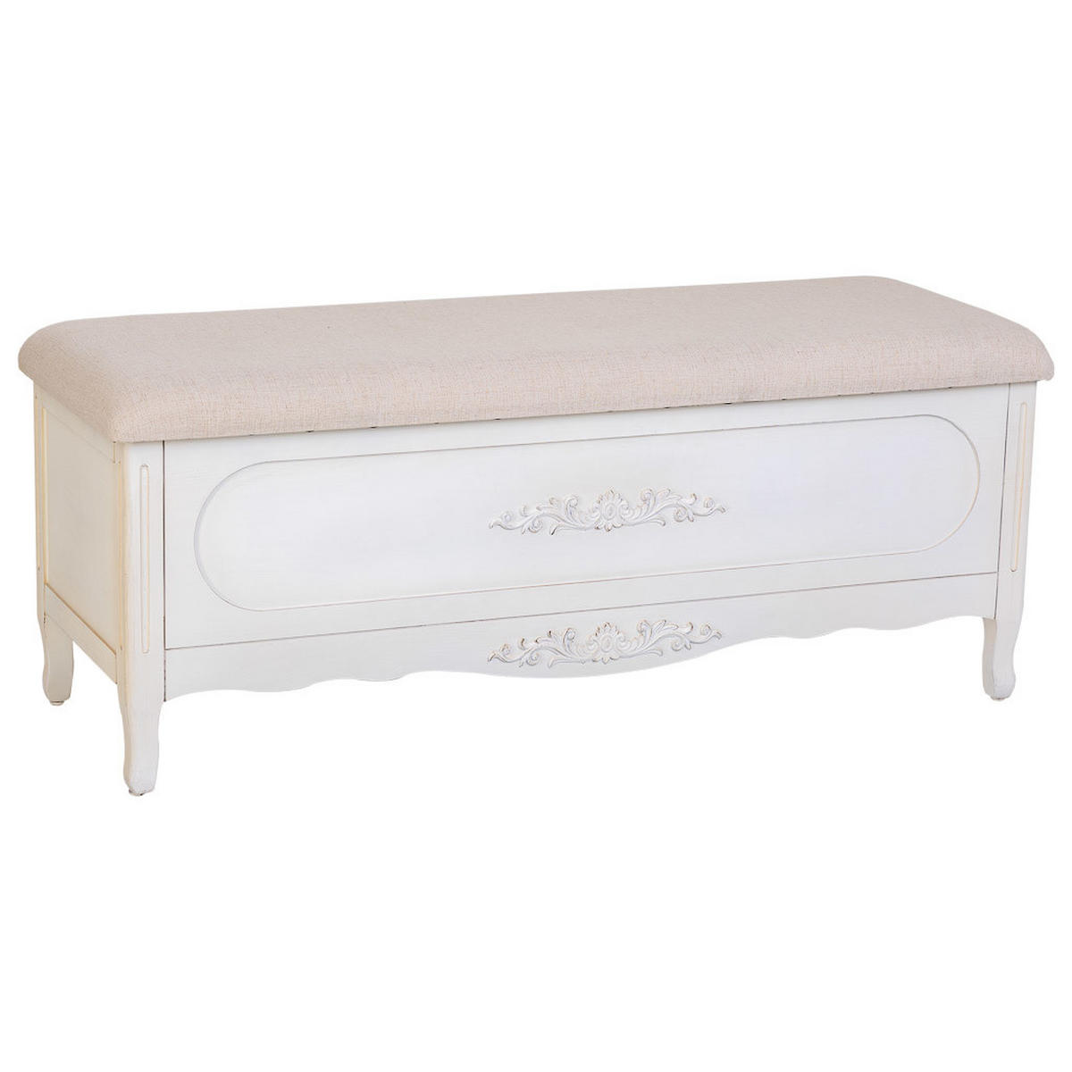 ANTIKER weiß lackierter gepolsterter Holzhocker 120x43x48 cm - Weiß, Holz (120/48/43cm) - Wanderlust