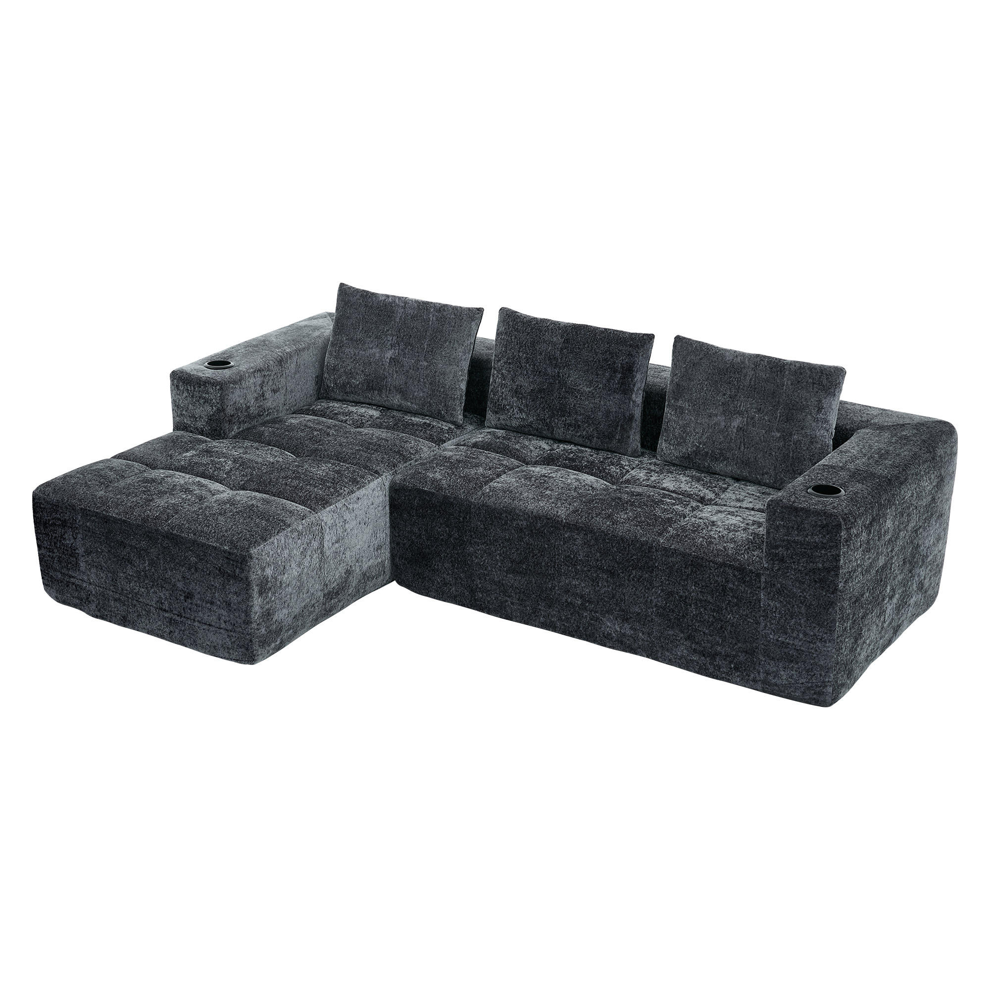 4-SITZER ECKSOFA Polyester Grau mit Becherhaltern - Grau, Textil (258/163cm) - WISHDOR