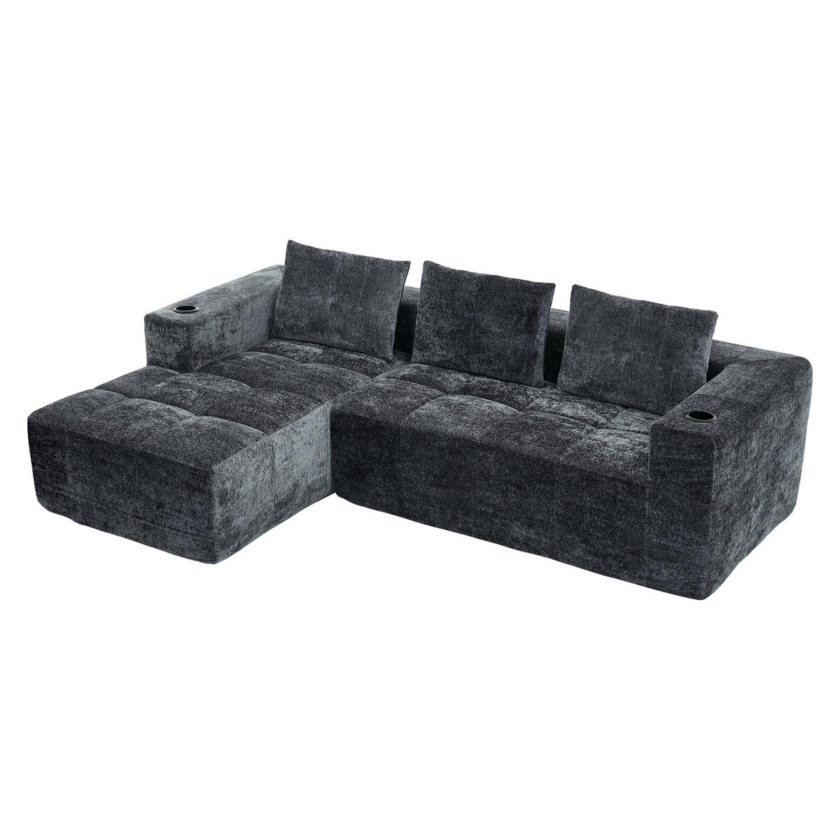 ECKSOFA chenille L-form mit getränkehaltern & 3 kissen - Grau, Textil (258/163cm) - Urban Meuble