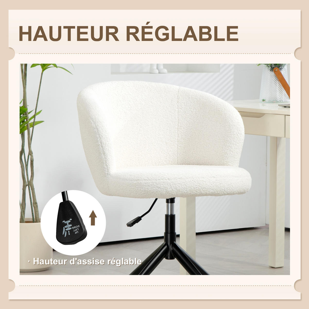 DREHSTUHL DE-11698 ergonomisch höhenverstellbar 360° drehbar Bouclé-Stoff Weiß - Creme, Textil (64/89/62cm) - ComfortXL
