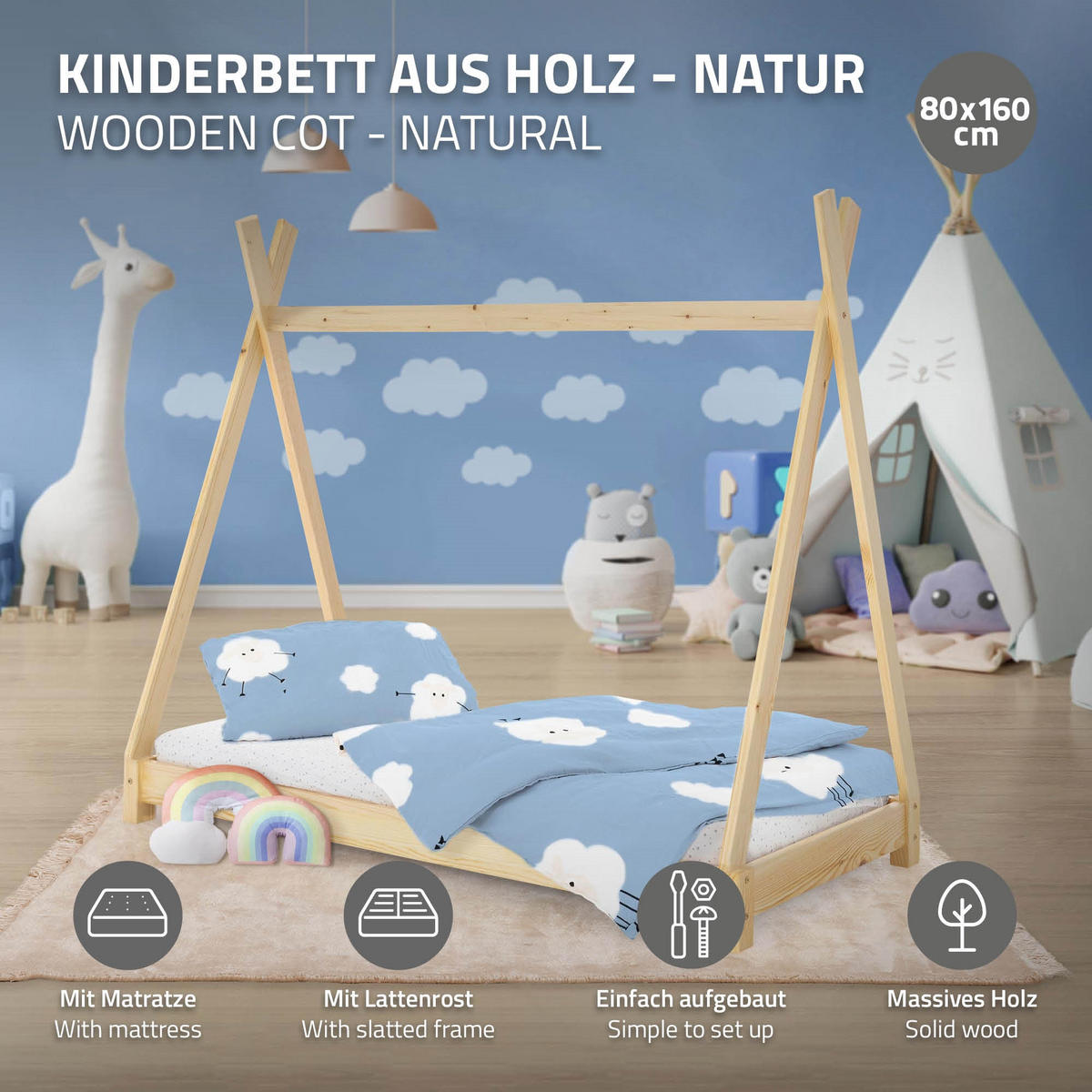 KINDERBETT Tipi mit Matratze 80x160 cm Natur - Naturfarben, Holz (80/160cm) - ML-DESIGN