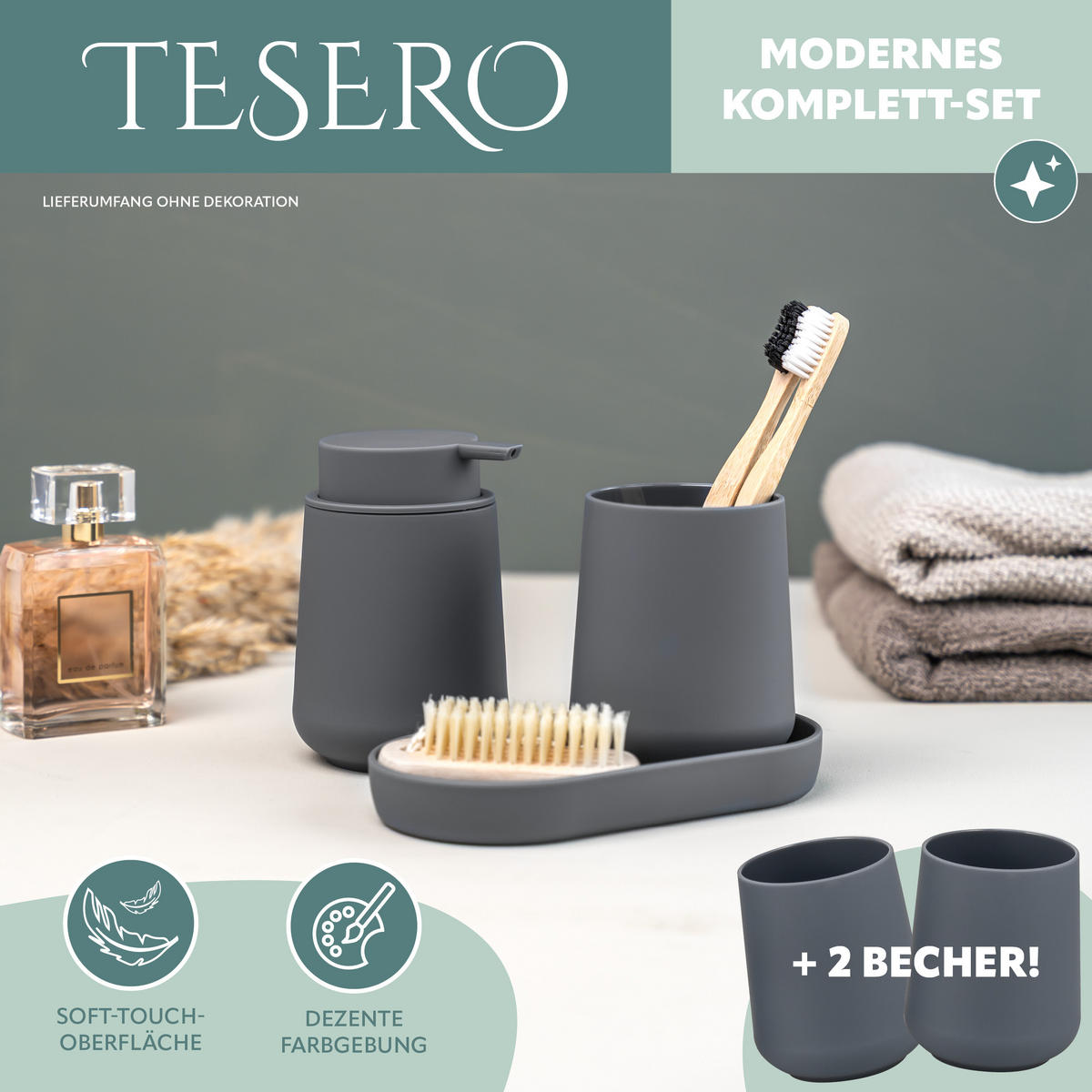 BAD-ACCESSOIRES-SET TESERO 5tlg., Soft-Touch, grau - Grau, Kunststoff (8.5/12/9cm) - eluno