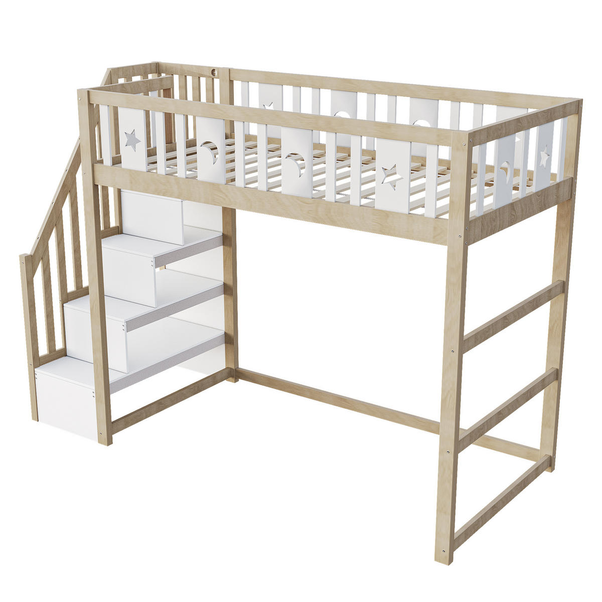 HOCHBETT 90/200 cm in Weiß & Natur Kinderbett mit Regaltreppe und Sicherheitsgeländer - Naturfarben, Holz (90/200cm) - STILVORA