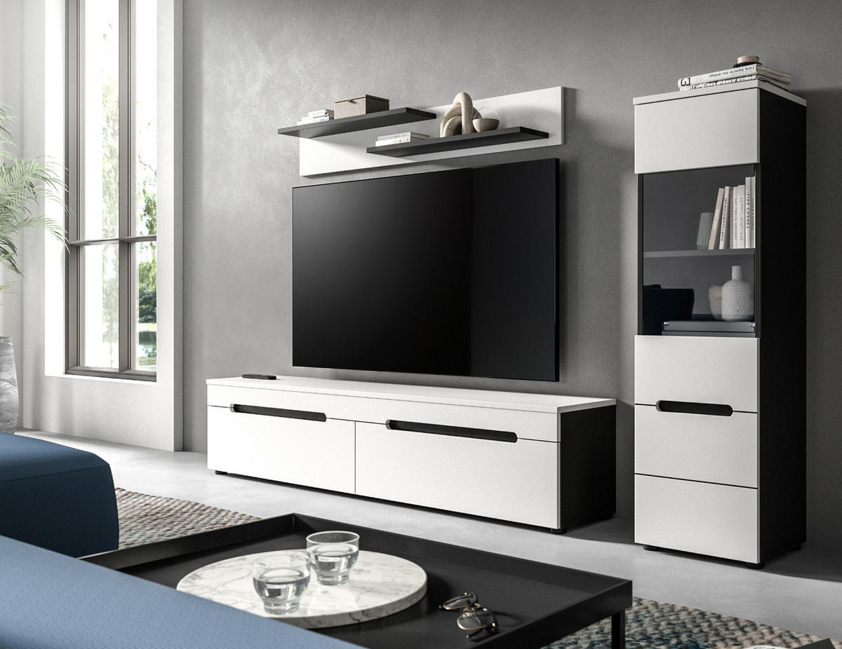 WOHNWAND weiß, grau, Wohnkombination 3-teilig hängend / stehend 221 cm, Cooper - Schwarz/Weiß, Glas/Holzwerkstoff (221/141/33cm)