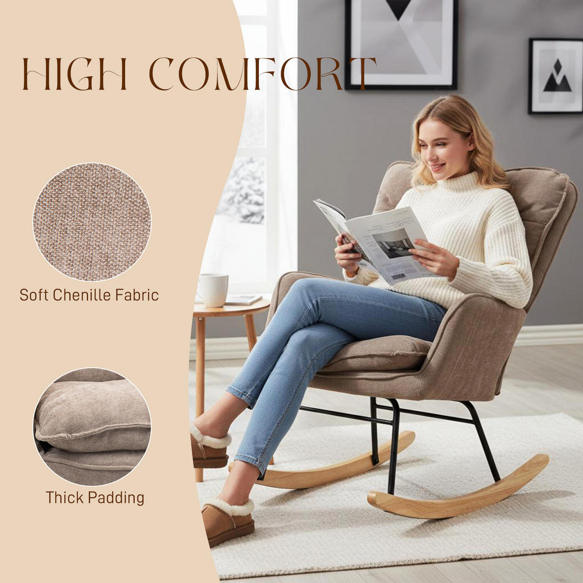 SCHAUKELSTUHL Schwingsessel Armlehnsessel mit Chenilleoptik für Schlafzimmer - Braun/Naturfarben, Holz/Textil (98.5/97/71cm) - HOMCOM