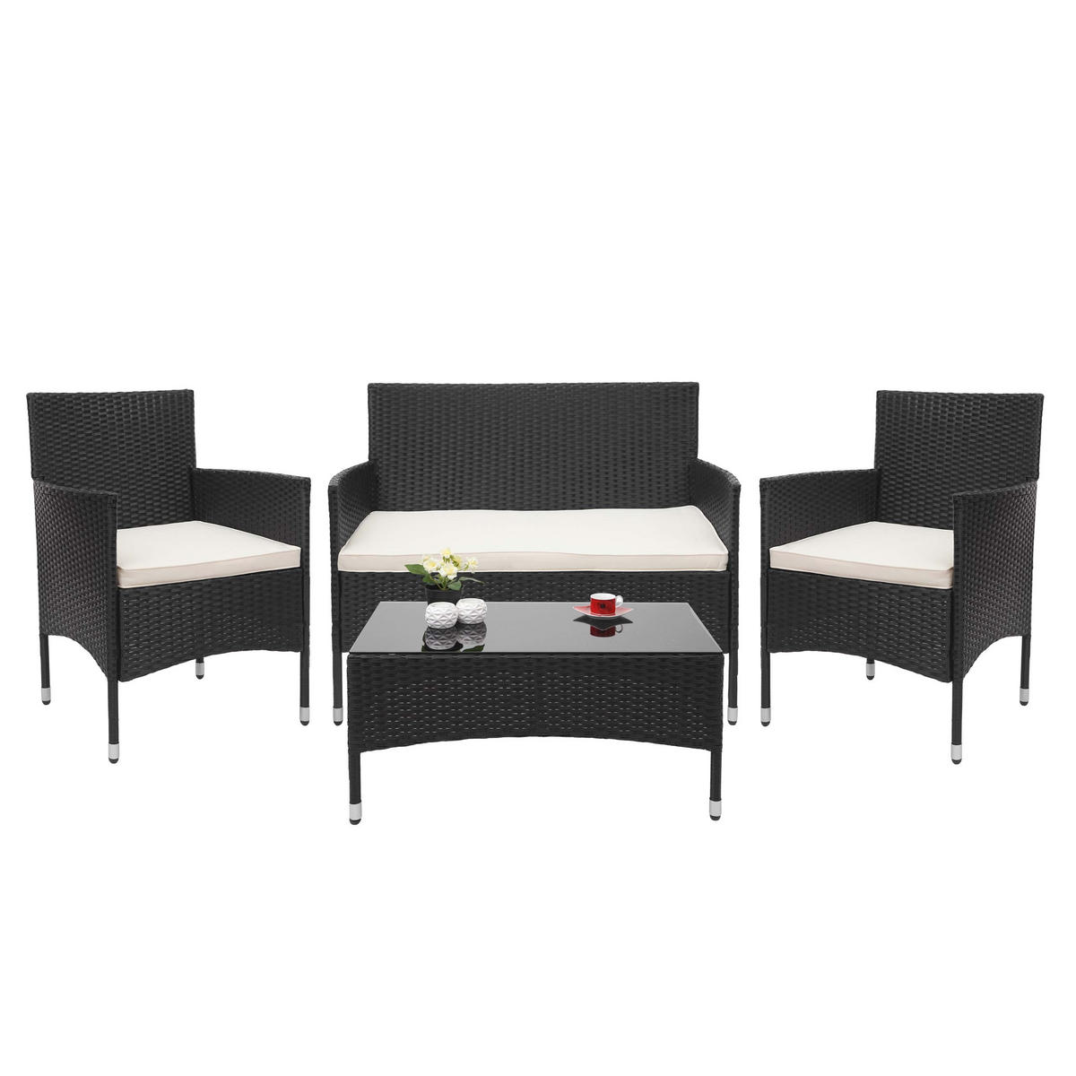 POLY-RATTAN GARNITUR Schwarz, Cremeweiß - Schwarz/Weiß, Kunststoff - MCW