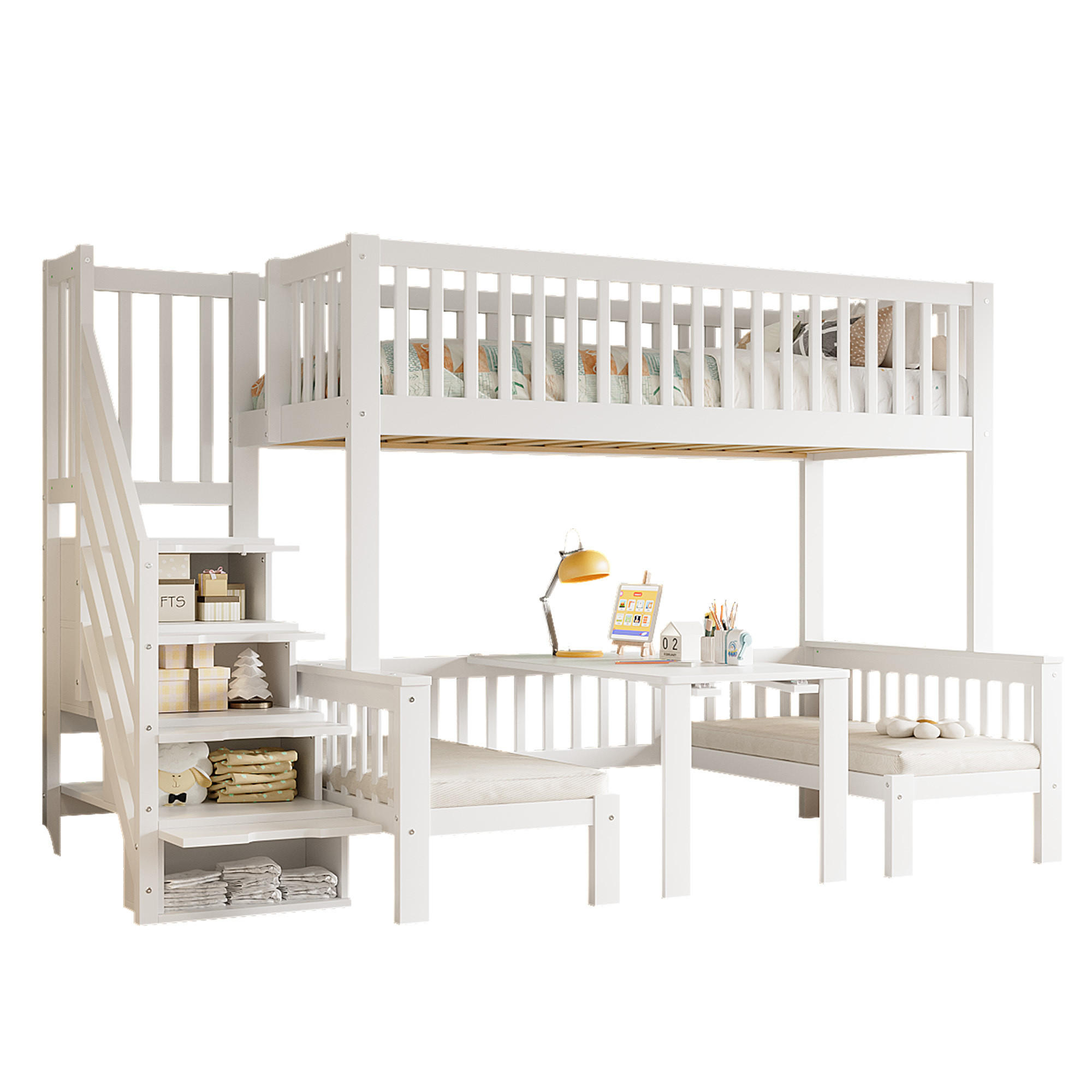 ETAGENBETT 90/200 cm & 120/200 cm in Weiß mit Stauraumtreppe, Tisch und Sicherheitsgeländer - Weiß, Holz/Holzwerkstoff (90/200cm) - CHICFURN