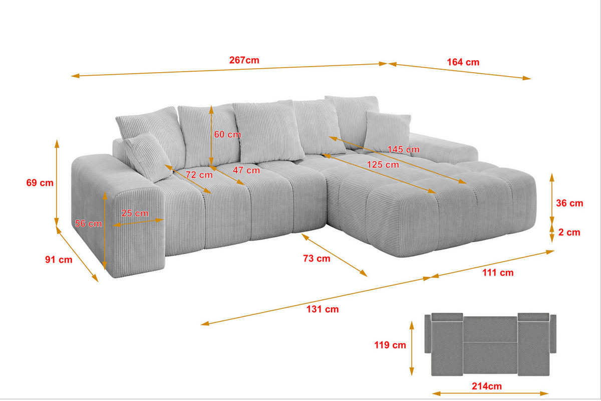 ECKSOFA Ottomane Rechts ENSI-L - 267x164x69 cm Grau - Grau, Holzwerkstoff/Kunststoff (164/267cm) - ALTDECOR