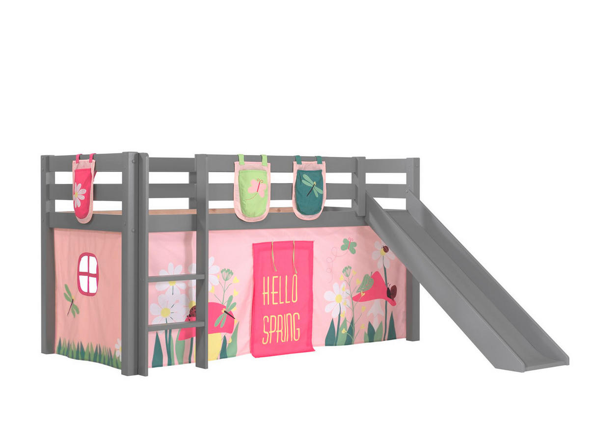HOCHBETT mit Rutsche Karolina Massivholz Grau Textilset Spring 3 - Hellrosa/Grau, Holz (90/200cm) - 58aufmkessel