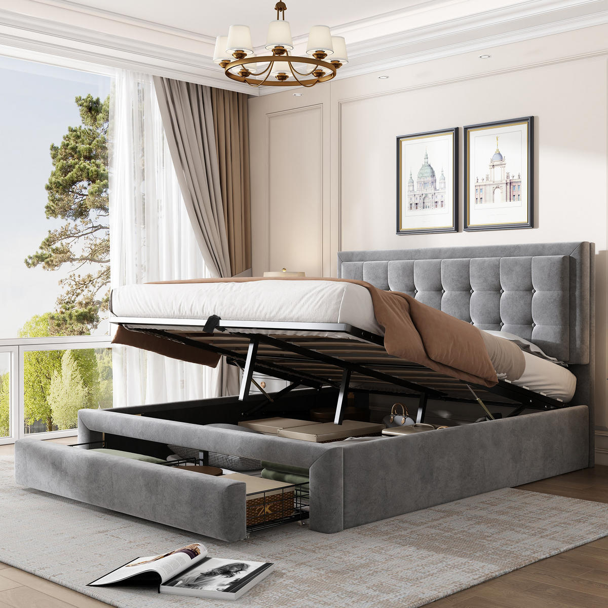 POLSTERBETT 140/200 cm mit verstellbarem Kopfteil, Bettkasten und Schubladen, Samt, Grau - Grau, Textil (140/200cm) - Redom