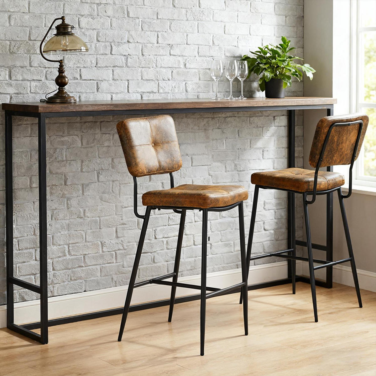 BARHOCKER 2er-Set Gepolsterte in Wildlederoptik mit Rückenlehne und Fußstütze, 69 cm Sitzhöhe - Braun, Metall (46/102/51cm) - Meubles Cosy