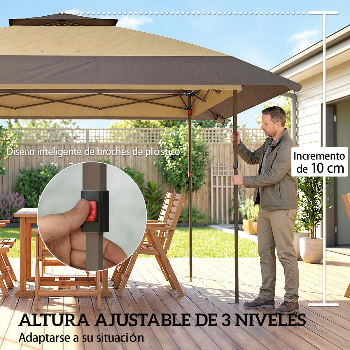 PAVILLON, faltbar, verstellbarer Höhe, Tragetasche, UPF 30+, 4x4 m ,Khaki - Braun, Metall (400/287/400cm) - Vallsero
