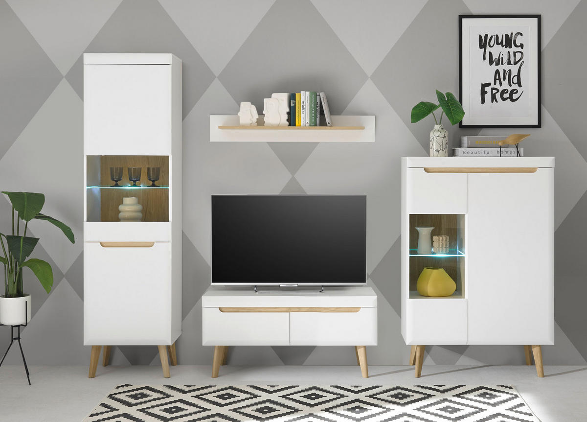 WOHNWAND 4-teilig weiß matt, Eiche, skandinavisch 290 cm, Wohnkombination mit Soft-Close-Funktion - Eichefarben/Weiß, Glas/Holz (290/197/40cm) - Furn.Design
