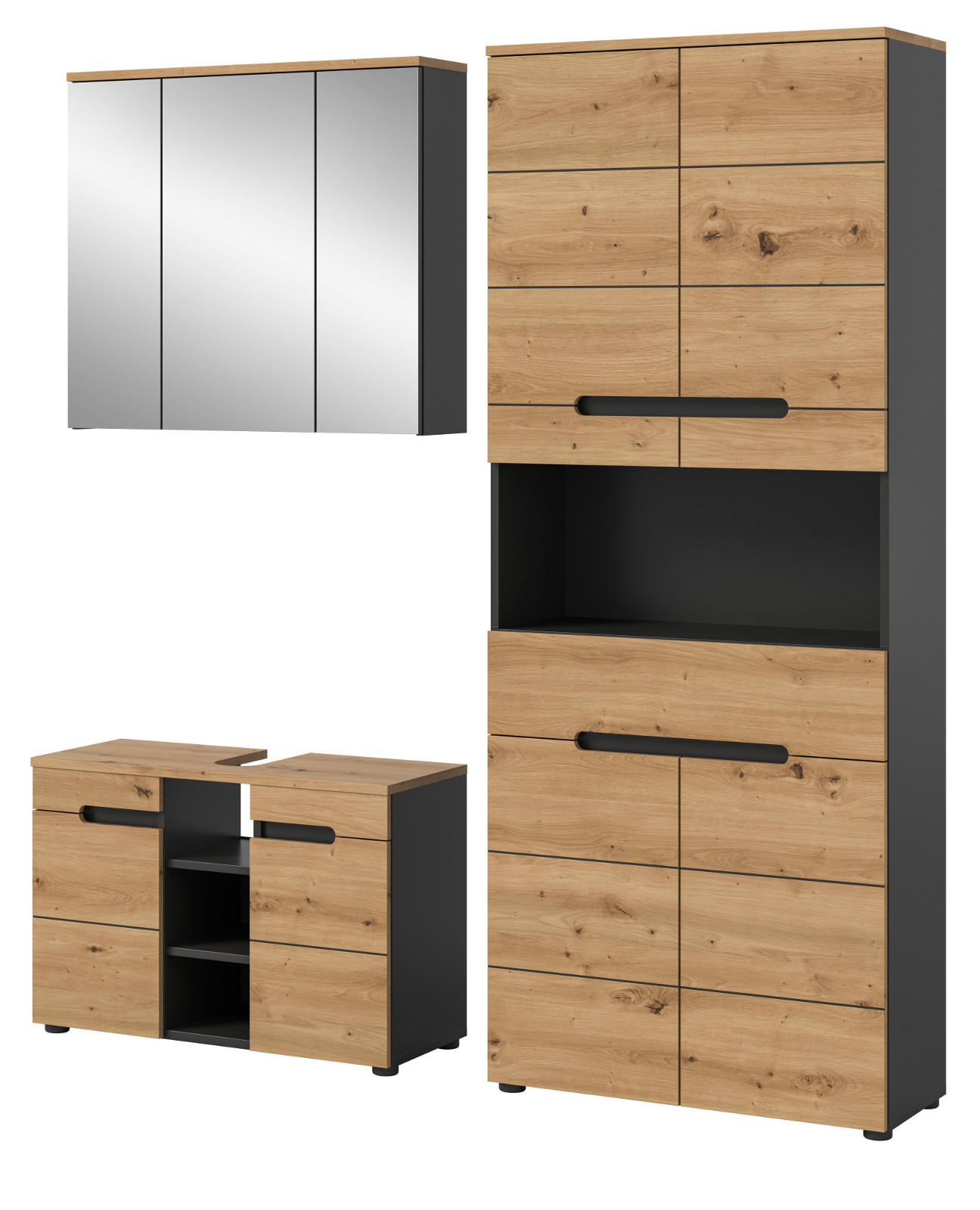 BADMÖBEL-SET Eiche, grau 3-teilig 171 cm, Komplettset mit Soft-Close - Schwarz/Eiche Artisan, Glas/Holzwerkstoff (171/193/34cm) - Inn.Furn