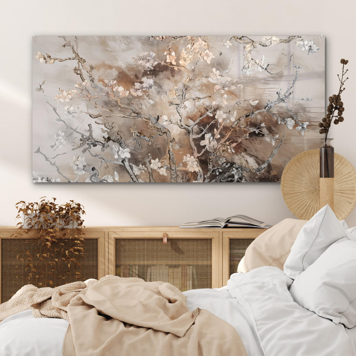 ACRYLGLASBILD Mandelblüte - Kunst - Van Gogh - Beige - Abstrakt 120x60 cm - Braun, Glas (120/60cm) - MuchoWow