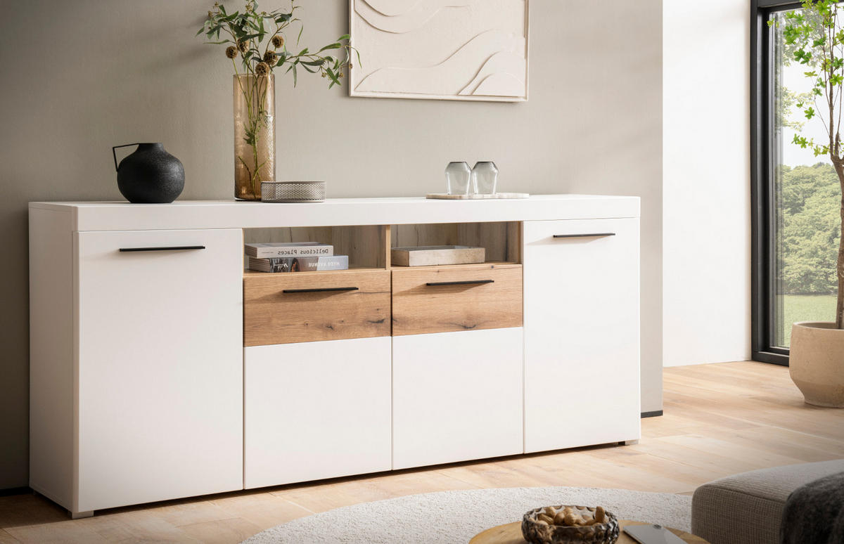 SIDEBOARD weiß matt, Evoke Eiche, Kommode 205 cm, Soft-Close-Funktion - Eichefarben/Silberfarben, Holzwerkstoff/Kunststoff (205/87/40cm)
